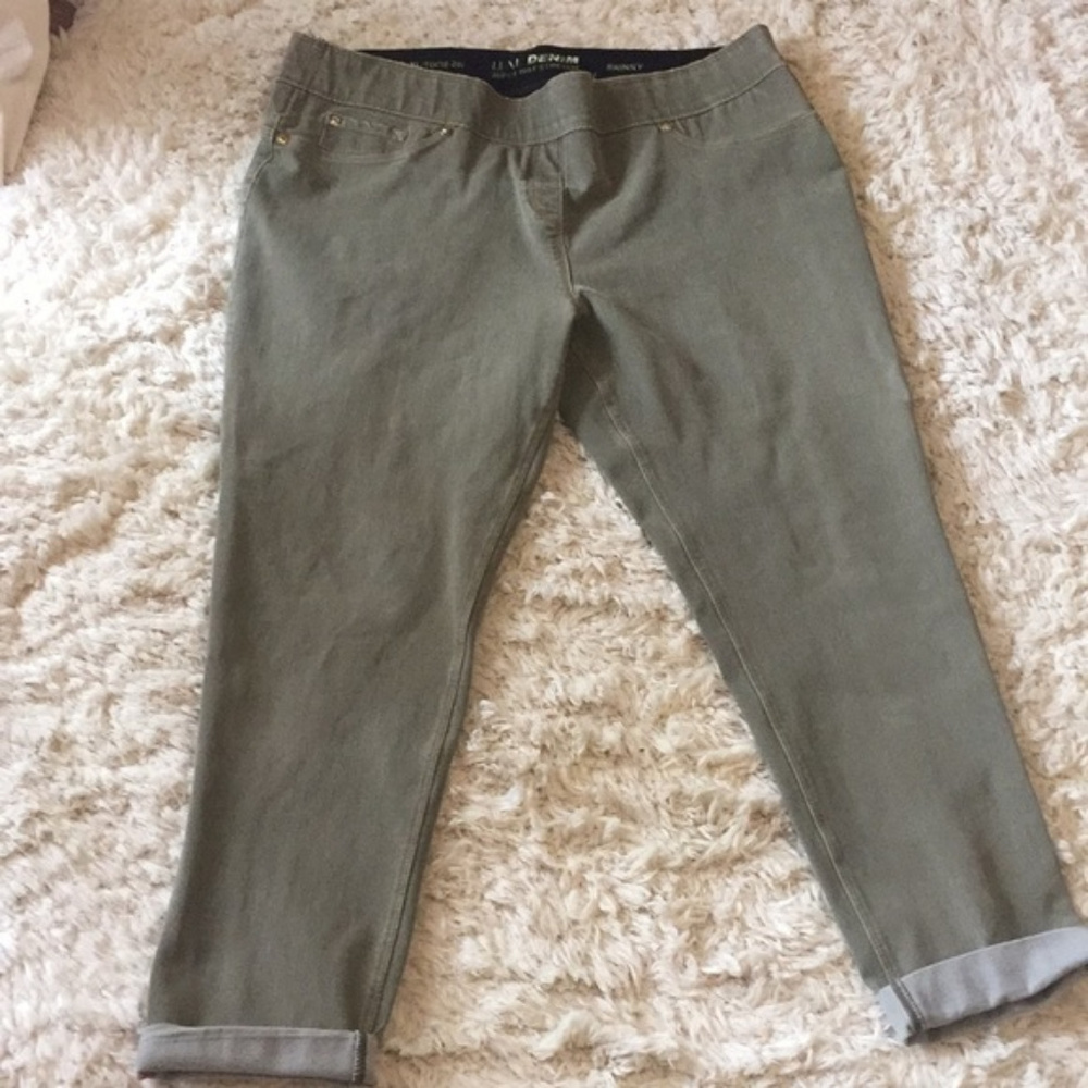 Nygard Lux Denim four way stretch olive colored.